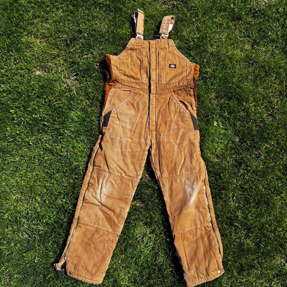 Dickies Mens Brown Duck Canvas Insulated Bib Overalls Quilted Lined Workwear S